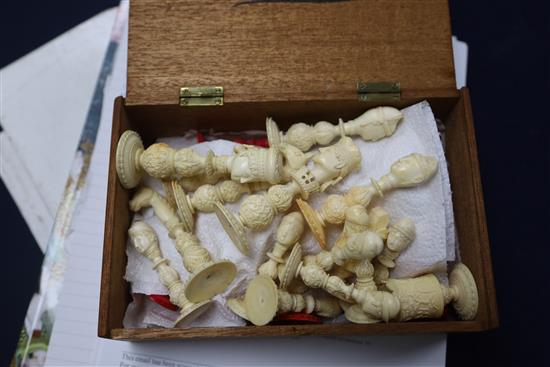 A mid 19th century Macao red stained and natural ivory figural chess set, kings 3.5in.